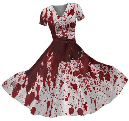Générique Robe Halloween Femme Victorienne - Robe Moulante à Col En V Avec éClaboussures De Sang D'Halloween Et Imprimé éTrange Robes Femmes Automne