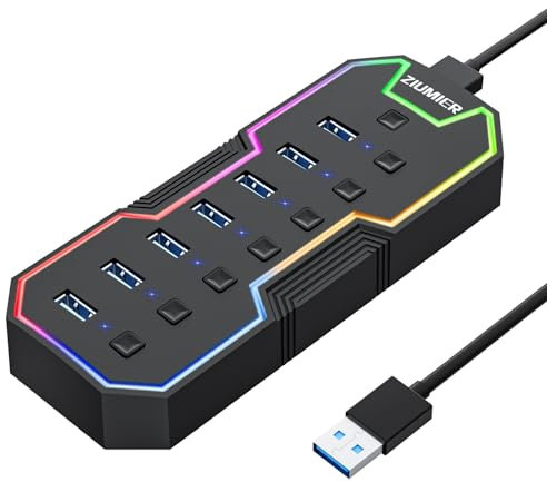 ZIUMIER USB 3.0-Hub, 7-Port-USB-Expander mit RGB-LED-Streifen für MacBook, Mac Pro, Mac mini, iMac, Surface Pro, XPS, PC, Flash-Laufwerk, Mobile Festplatte