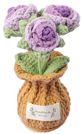 UniqKaliber Bouquet di fiori fatto a mano all'uncinetto in vaso, rose viola lavorate all'uncinetto, fiori intrecciati a mano in vaso, per casa, ufficio, tavolo, centrotavola, regali di compleanno