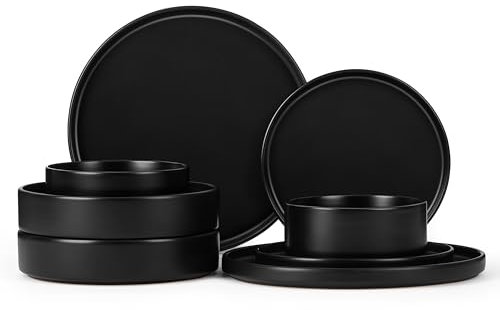 Herogo Dinnerware Sets with Pasta Bowls for 2, 8 Piece Dinner Salad Plates and Cereal Bowls, Stoneware Serving Dishes Dinner Ware for Home Kitchen, Dishwasher & Microwave Safe Dishware, Matte Black