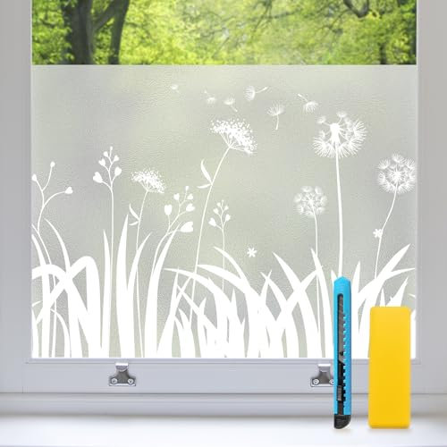 Zindoo Frosted Glass Film for Windows, Opaque Window Film Dandelion Patterned Window Frosting Film with No Glue, Anti-UV Window Tint Privacy Window Films for Bathroom Office Kitchen, 59.5x200cm