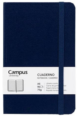 Campus Bullet Journal Notizbuch, A6, horizontal, liniert, 7 mm, genähter Hardcover, 96 Blatt à 75 g, elastischer Verschluss, Tasche und Lesezeichen (A6, horizontal, liniert, Marineblau)