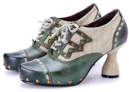 Damen Pumps mit Knalligen Farben Patchwork-Design –Stilvolle Chunky Heels mit Nieten aus Leder Stoff