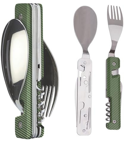 Akinod 6-in-1 Camping Cutlery Set – Multifunctional Stainless Steel Knife, Fork, Spoon with Corkscrew, Can & Bottle Opener, Compact Gadget for Camping Essentials