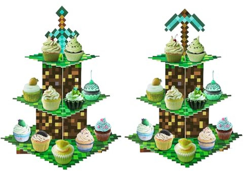 2Pcs 3-Tier Game Cupcake Stand with Sword and Arrow, Cardboard Dessert Holder for Fans Birthday, Gamer Theme Party Supplies, Creative Tiered Serving Tray Decorations (GREEN)