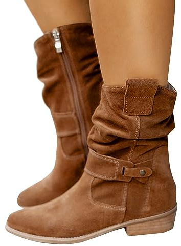 EQWIGKEIT Stivaletti da donna, comodi, da cowboy alla caviglia, a mezza altezza, eleganti, vintage, con tacco in pelle scamosciata
