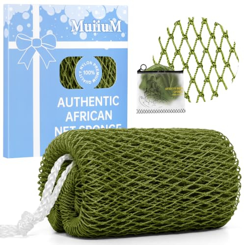 MuiiuM African Net Sponge Authentic with Knots, Colourfast Exfoliating Bath Sponge, Strong Mesh Body and Back Scrubber, Quick Dry Shower Net, 30+ Colours for Women Men(Green)