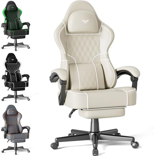 Soontrans Gaming Stuhl mit Massage Lendenwirbelstütze, Gepolstert Gaming Chair, Gaming Stuhl Ergonomisch mit Fußstütze, Kunstleder, 90-160° Rückenlehne verstellbar Gaming Sessel, 136kg(cremefarben)