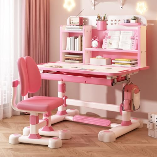 Schreibtisch kinder höhenverstellbar mit neigbarem,Kinder-Schreibtisch- und Stuhl-Set,kinderschreibtisch mit Sitzkorrektur, Ergonomischer Kinderschreibtisch Höhenverstellbar mit Buchständer (ROSA)