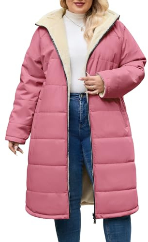 CMTOP Manteau Femme Hiver Long Grande Taille Doublure en Polaire Chaud Manteaux à Capuche, Peluche Épaisse Thermique Veste Blouson Coupe-Vent Parka Oversize Outcoat avec Poches