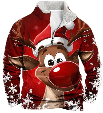 Neu Weihnachtspullover Herren Lustig Weihnachtsmann Rentier Schneemann 3D Druck Weihnachts Sweatshirt Herren mit 1/4 Reißverschluss Weihnachtspulli Fleecepullover Xmas Pullover Ugly Christmas Sweater