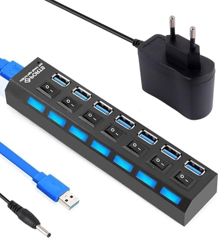 USB Hub 7 Port Adapter, mit Power Schalter und LED Datenhub,mit Langes Kabel Multiport, für Laptop, PC, MacBook und weitere USB Geräte