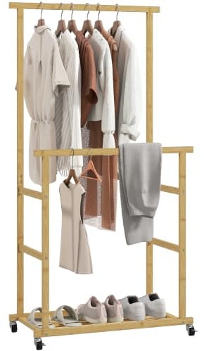 HOMCOM Portant à Vêtements à Roulettes 80 x 40 x 160 cm Bois Naturel | Porte-Manteau Double Barre en Bambou, Étagère de Rangement Inférieure, Penderie Vêtement, Chambre, Buanderie
