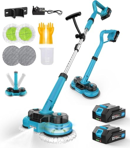 Kabellos Elektrischer Mopp mit 2 * 2000mAh Batterien, Bodenreiniger Spin Mop, Bodenwischer Elektrisch Kabellos, Wischmopp Poliermaschine, 300 ML Wassertank, LED Beleuchtung，Bodenwischer zum Wischen