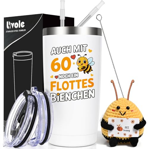 Livole 60. geburtstag frau, geschenke zum 60 geburtstag für frauen, Frau, Sie, Mama - Auch mit 60 noch ein flottes Bienchen - Pocket Hug Biene Positive Geschenke für Frauen, 600ml Thermobecher to go