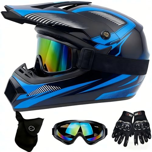 DriveNova Casque Intégral VTT pour Enfants, Casque Intégral VTT de Descente et De Motocross pour Enfants avec Gants, Aasque et Lunettes, Casques de Moto pour Adolescents avec Aoublures (Bleu, S-M)