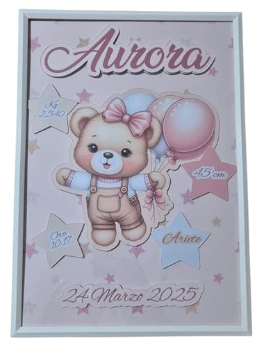 LesBri Homemade Creations Quadretto Nascita Personalizzato per Bambina – Orsetta Rosa con Palloncini | Decorazione Cameretta Neonato