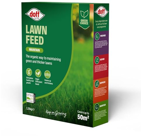 Doff Lawn Feed Fertiliser – OF&G Organic certified, Vegan Plant-Based Lawn Food, Slow-Release Formula for Greener, Thicker & Healthier Lawns – Covers 50m², Stimulates Root Growth, Child & Pet Friendly