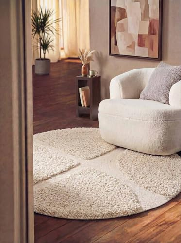 Ted Baker - moderner Hochflorteppich Rund Jasper - Weicher Wohnzimmerteppich, Geometisches Design, Shaggy 3D- Struktur, Handgemacht, Hoch-Tief-Effekt für Wohnzimmer, Schlafzimmer - Creme, Ø150 cm