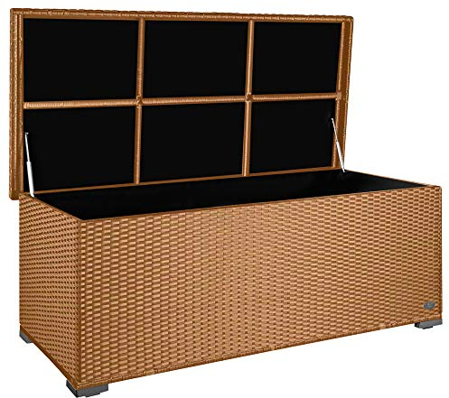 RS Trade® exclusive 'Sienna' 650l Polyrattan Garten Kissenbox wetterfest wasserdicht 155 x 73 x 60 cm, Auflagenbox mit verstärktem Deckel und Gasdruckfedern, als Sitztruhe oder Tischplatte; Natur