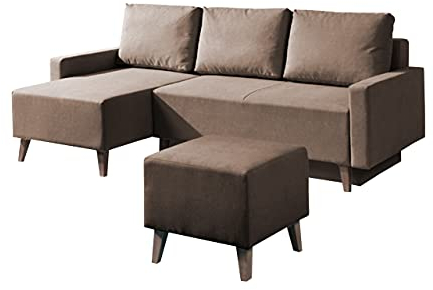 Polstergarnitur Oviedo I Ecksofa mit Bettkasten und Schlaffunktion, Hocker, Sitzhocker, Fußbank, Eckcouch, Polstermöbel im skandinavischen Stil (Moric 03, Füße: San Remo Eiche Dunkel)