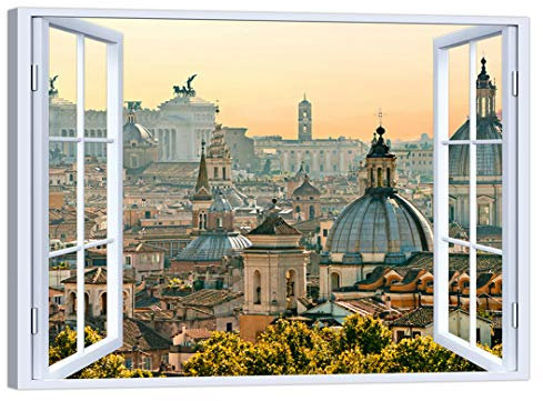 LuxHomeDecor Quadro Finestra Roma 100x75 cm Stampa su Tela con Telaio in Legno Arredamento Arte Arredo Moderno