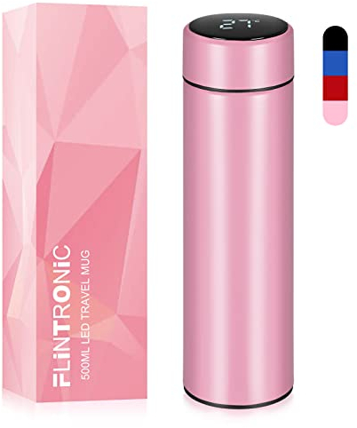 flintronic Bouteille Isotherme en Acier Inoxydable 500ml, Tasse de Voyage pour Eau Chaude avec Indicateur de Température à Ecran LED, Bouteille Intelligente pour Tasse Etanche (Sans Filtre)