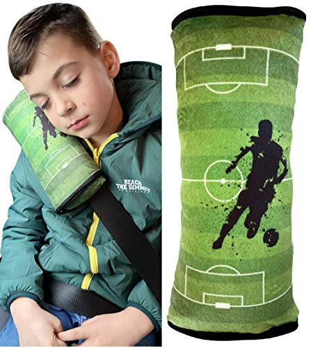 HECKBO Auto Schlafkissen Kinder Mädchen Jungen - Fussball Football - maschinenwaschbar – kuschelweich - Auto Gurtkissen, Gurtschoner, Gurtschutz Sitzerhöhung, Auto Kissen, Reisekissen, Urlaub
