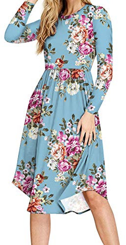 PCEAIIH Women Long Sleeve Polka Dot Casual Tunic Dress Swing Pleated Midi Dress with Pocket (S, Lo-Peony Light Blue)