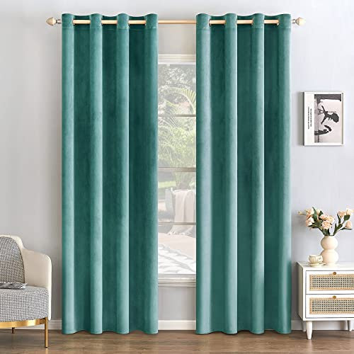 EMEMA 2 Stück Verdunklungsvorhang Samtvorhänge Blickdicht Vorhang mit Ösen Thermogardine Ösenvorhang Verdunkelungsgardinen für Schlafzimmer Wohnzimmer, 140 x 225 cm(B x H) Knickentengrün