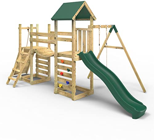 Rebo® Double Tower Climbing Frame with Flexible Bridge, Swing and Slide - Rushmore | OutdoorToys | Kids' Outdoor Wooden Garden Play Equipment, Children's Jungle Gym