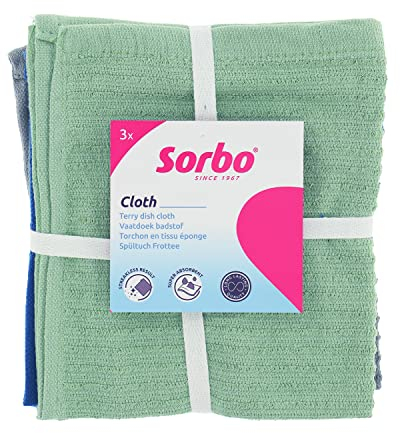 Sorbo Terry Dish Cloths, Kitchen Cleaning Cloths, Pack of 3 Super Absorbent Dishcloths for Streak Free cleaning around the home, each cloth measures 35cm X 35cm