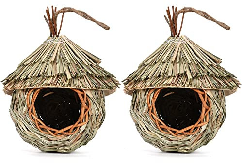 BYNYXI 2PCS Nid doiseau tissé en Paille Sac de Nidification Nid doiseau pour Cage nichoirs doiseaux à Suspendre Maisons doiseaux Herbe Nid doiseau pour Perruche mésange canari Merle Colibri