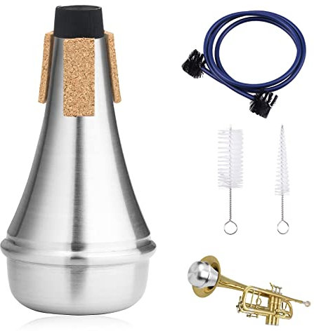 JNZLT Trompeten Dämpfer, Trompete Mute Tragbar Schalldämpfer aus Aluminium Musikinstrumentenzubehör mit 3 Reinigungsbürste Trompete für Alle Trompeten (Silber)
