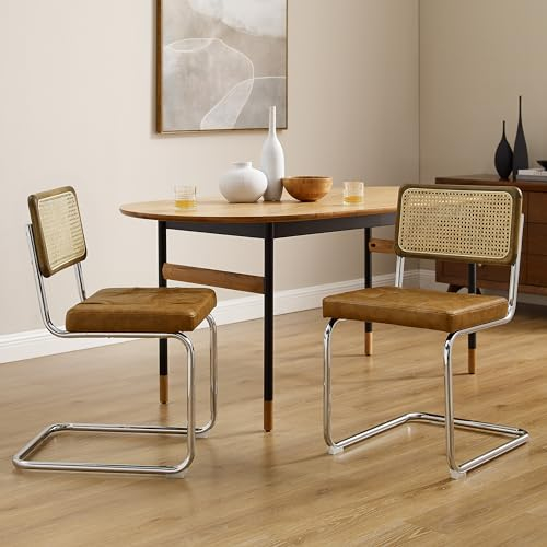 Zouron - Juego de 2 Sillas de Cocina, Silla de Comedor, Estilo Moderno, Sillas de Cocina sin Brazos con Respaldo de Ratán Tejido, Pies de Metal, Marrón