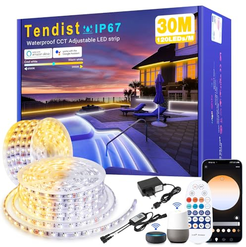 TENDIST Led Strip 30M Aussenbereich Warmweiss Bis Kaltweiß Dimmbar, IP67 Wasserdicht Led Streifen Alexa Kompatibel Wifi App und fernbedienung, 24V Outdoor Led Band Selbstklebend für Garten, Küche