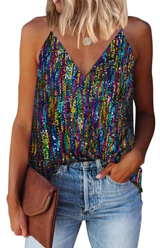 miduo Womens Tanks Tops Casual Sparkle Sequin Tops V Neck Halter Camisole Shirts Sequin Glitter Sleeveless Blouses Tops Tanks Tops Multicolor L