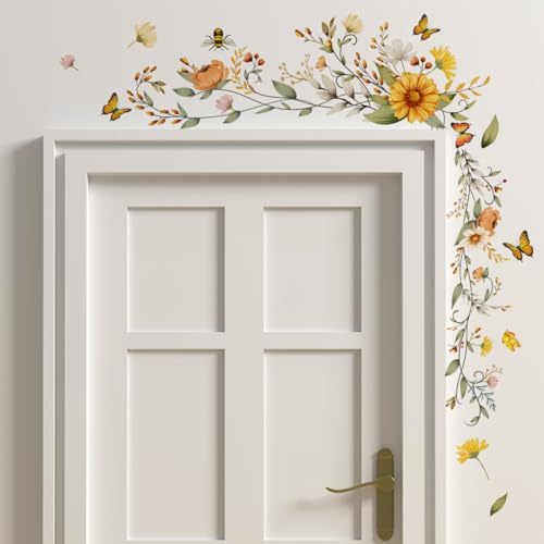COVPAW Wandtattoo Wohnzimmer Blumenrebe Gänseblümchen Schmetterlingen Wandaufkleber Schlafzimmer Blumenranke Chrysantheme Wandsticker Kinderzimmer Küche Büro Wanddekoration (A)