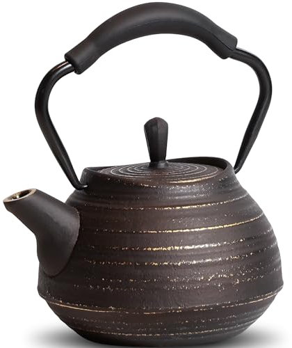 GUANGHEIRON Gusseisen Teekanne 650 ml, handgefertigtes Fadenmuster, mit Teesieb, emaillierte Innenseite, geeignet für Herd, ideal für Tee und Kaffee