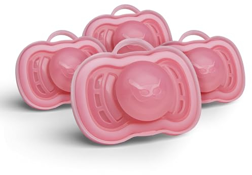 Herobility Gentle Pacifiers – Protective case – BPA-free – Large air vents – 6 – 24 months – 4-pack – Pink