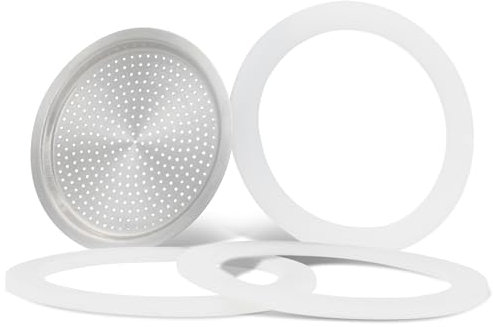 Anelli di tenuta e filtri per caffettiera Bialetti – 3 guarnizioni e 1 filtro in alluminio, compatibile con guarnizione Bialetti 4 tazze e 3 tazze, Ø 6,5/5,4 cm, compatibile con Moka Express e altro