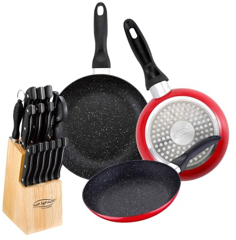 Juego de 3 sartenes San Ignacio Ø16Ø20Ø24cm + Juego de cuchillos 15Pc en acero inoxidable con tacoma