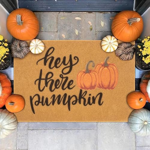 KorhLeoh Fall Halloween Welcome Door Mat, Hello Pumpkin, Artificial Coir, No-Slip Backing for Outdoor Entrance 17 * 30In