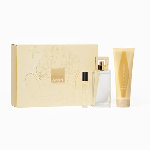 Avon Attraction for Her dreiteiliges Geschenkset mit Eau de Parfum 50 ml, Bodylotion 125 ml und Geldbörsenspray 10 ml in einer Geschenkbox, fruchtige und moschusische Duftnoten, langanhaltende Formel,