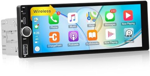Wireless Carplay Single Din Car Stereo with Car Play Android Auto - 1 Din Bluetooth Radio 6.86 inch Touch Screen FM RDS Radio + Reversing Camera + SWC Remote Control