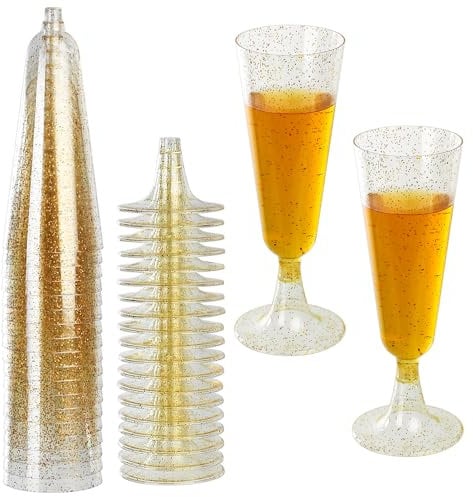 XxinXrong 20-Piece Champagne Flutes, Reusable Plastic, Glitter Champagne for Parties, Weddings, Birthdays Reusable Plastic Flutes - 150ml