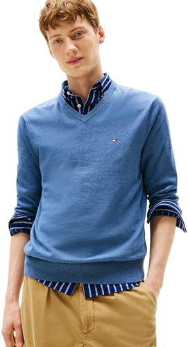 Tommy Hilfiger Herren Pullover Essential Cotton V-Ausschnitt, Blau (Petrol Blue Heather), M