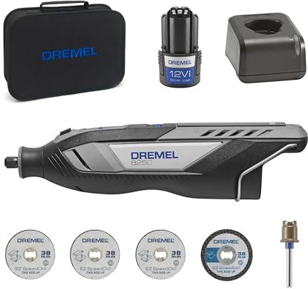 Dremel 8250 12V Cordless Rotary Tool 5.000-30.000 RPM Brushless Multitool kit with Tool Bag, 4 Accessories, 2.0Ah Battery/Charger for Grinding, Drilling, Routing, Grout Removal, Engraving, Repair/DIY