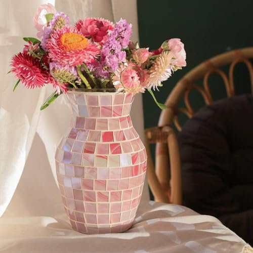 Pink Glasvase für Blumen - Moderne Boho Blumenvase für Tischdeko, Deko Vasen für Wohnzimmer, Küche, Home, Fensterbank & Regal