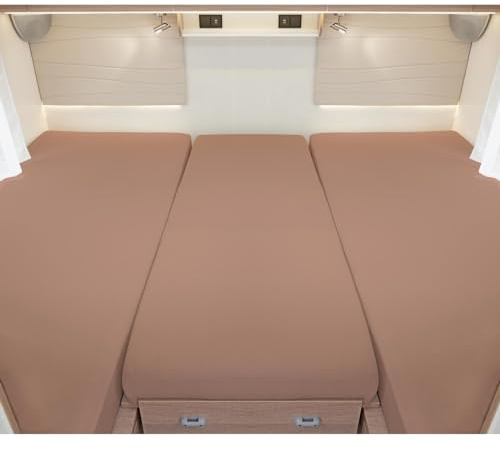 G BETTWARENSHOP – Spannbettlaken für Wohnmobile & Wohnwagen – Spannbetttuch Set 3-teilig – Jersey Bettlaken für Heckbetten 2 Längsbetten + Mittelteil, Cappuccino